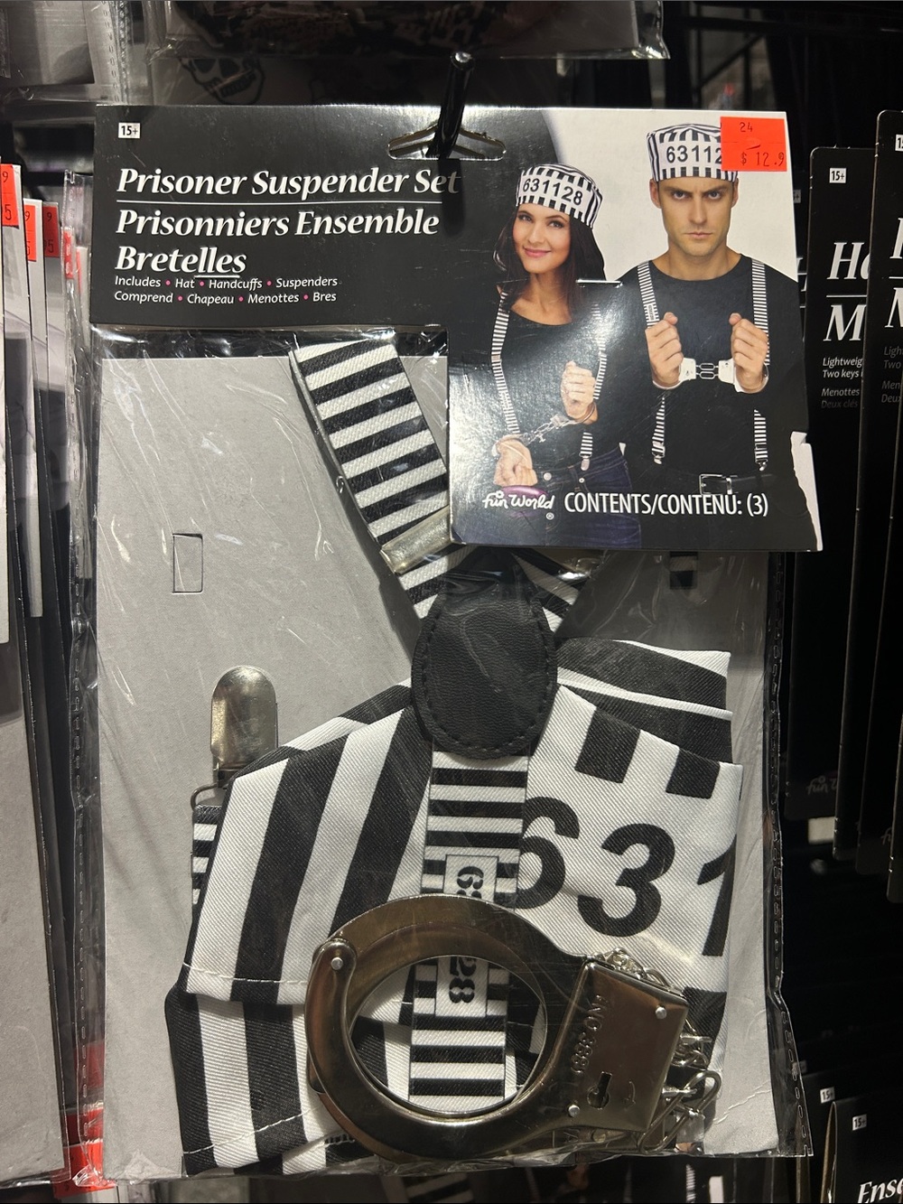 Prisoner Costume Suspender Set with Hat & Handcuffs - Black & White